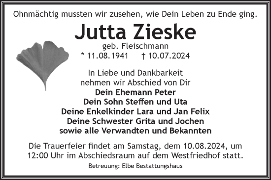 Traueranzeige von Jutta Zieske von Volksstimme Magdeburg