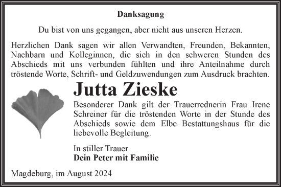 Traueranzeige von Jutta Zieske von Volksstimme Magdeburg