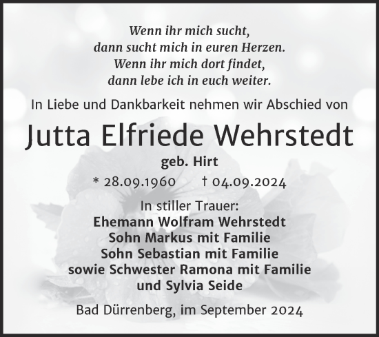 Traueranzeige von Jutta Elfriede Wehrstedt von Trauerkombi Merseburg