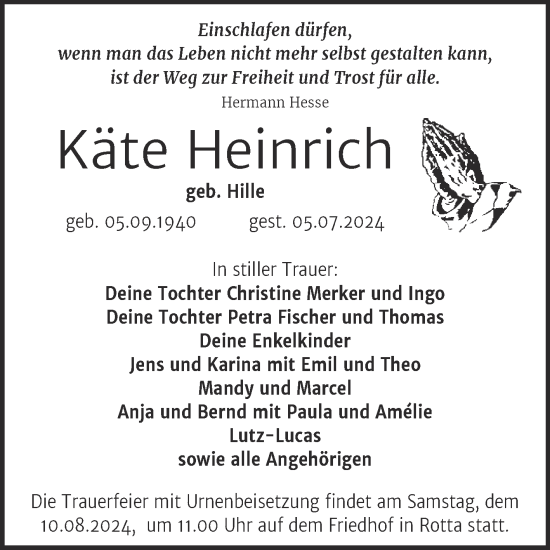 Traueranzeige von Käte Heinrich von Trauerkombi Wittenberg