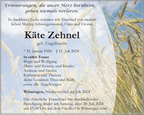 Traueranzeige von Käte Zehnel von Mitteldeutsche Zeitung Aschersleben