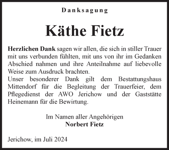 Traueranzeige von Käthe Fietz von Volksstimme Burg/Genthin