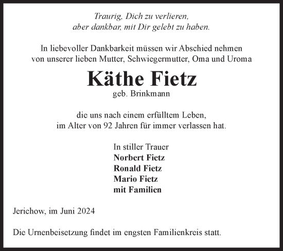 Traueranzeige von Käthe Fietz von Volksstimme Burg/Genthin