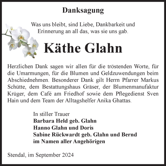 Traueranzeige von Käthe Glahn von Volksstimme Altmark Ost