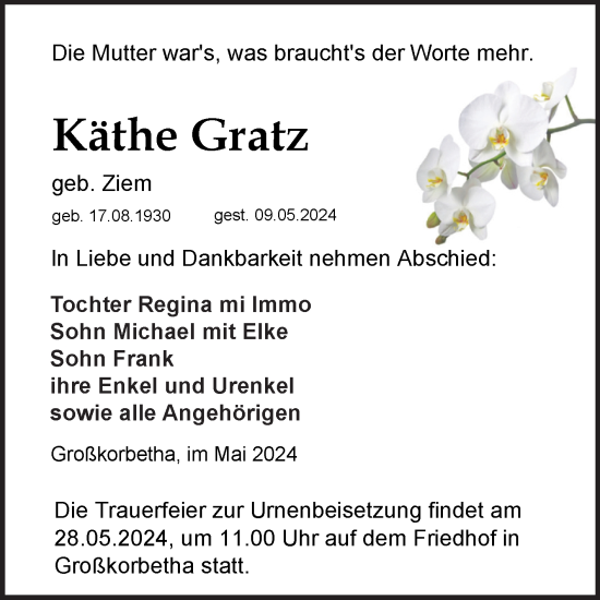 Traueranzeige von Käthe Gratz von Trauerkombi Weißenfels