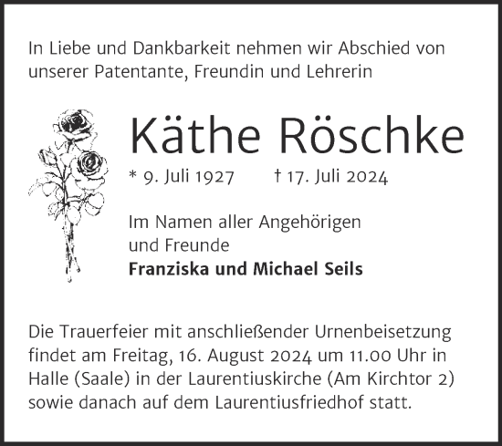 Traueranzeige von Käthe Röschke von Mitteldeutsche Zeitung Halle/Saalkreis