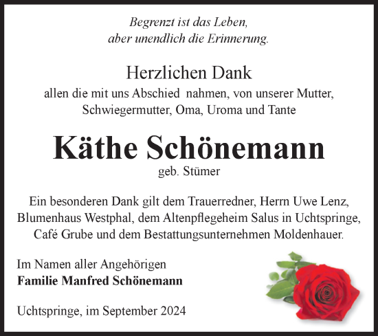 Traueranzeige von Käthe Schönemann von Volksstimme Altmark Ost