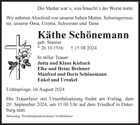 Traueranzeige von Käthe Schönemann von Volksstimme Altmark Ost