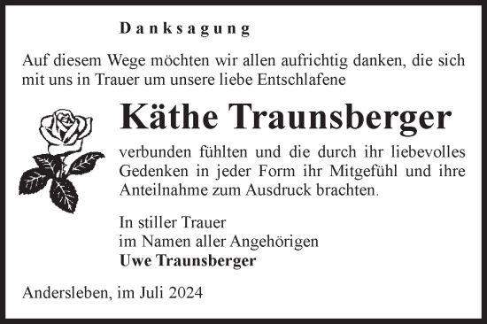 Traueranzeige von Käthe Traunsberger von Volksstimme Oschersleben/Wanzleben