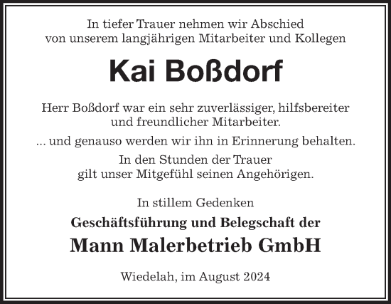 Traueranzeige von Kai Boßdorf von Volksstimme Wernigerode