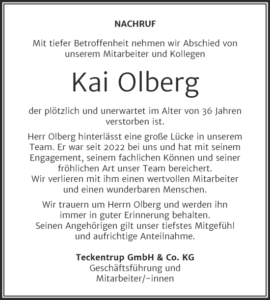 Traueranzeige von Kai Olberg von Mitteldeutsche Zeitung Bitterfeld