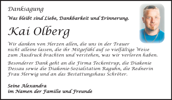 Traueranzeige von Kai Olberg von Trauerkombi Bitterfeld