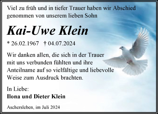 Traueranzeige von Kai-Uwe Klein von Trauerkombi Aschersleben