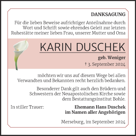 Traueranzeige von Karin Duschek von Trauerkombi Merseburg