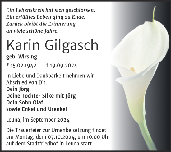 Traueranzeige von Karin Gilgasch von Trauerkombi Merseburg