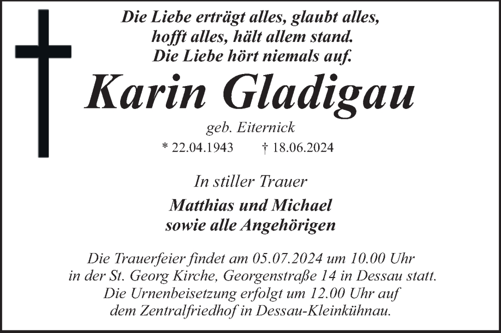  Traueranzeige für Karin Gladigau vom 29.06.2024 aus Trauerkombi Dessau