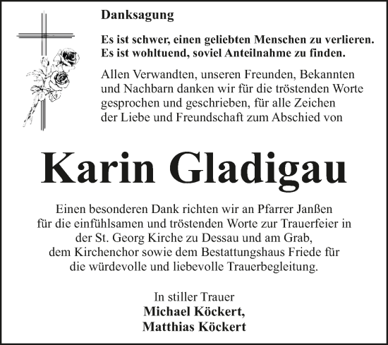 Traueranzeige von Karin Gladigau von Trauerkombi Dessau