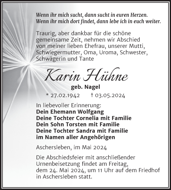 Traueranzeige von Karin Hühne von Trauerkombi Aschersleben