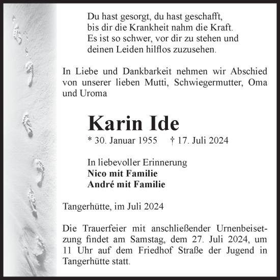 Traueranzeige von Karin Ide von Volksstimme Altmark Ost