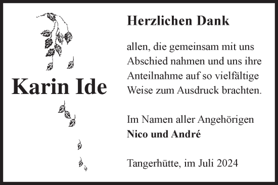 Traueranzeige von Karin Ide von Volksstimme Altmark Ost