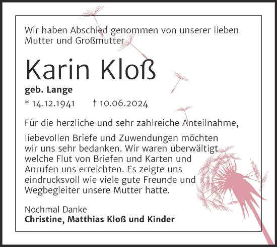 Traueranzeige von Karin Kloß von Trauerkombi Weißenfels