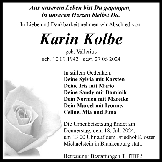 Traueranzeige von Karin Kolbe von Volksstimme Wernigerode