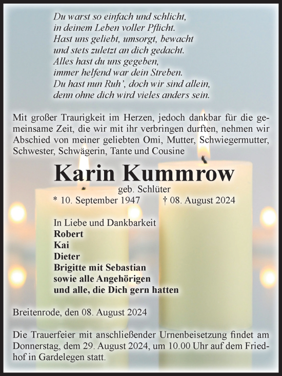 Traueranzeige von Karin Kummrow von Volksstimme Altmark West