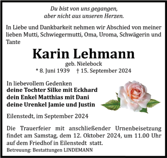 Traueranzeige von Karin Lehmann von Volksstimme Halberstadt