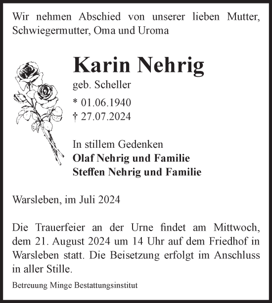 Traueranzeige von Karin Nehrig von Volksstimme Oschersleben/Wanzleben