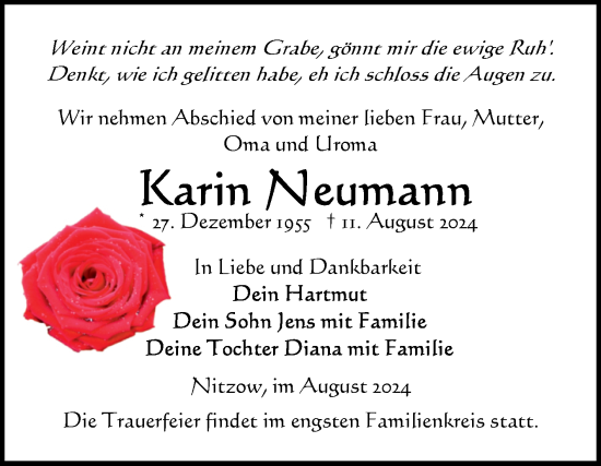 Traueranzeige von Karin Neumann von Volksstimme Altmark Ost