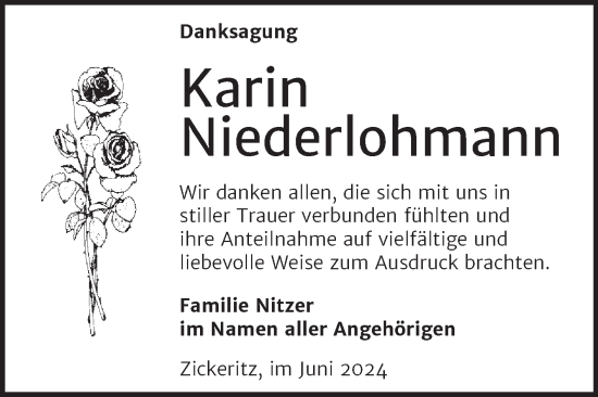 Traueranzeige von Karin Niederlohmann von Trauerkombi Bernburg