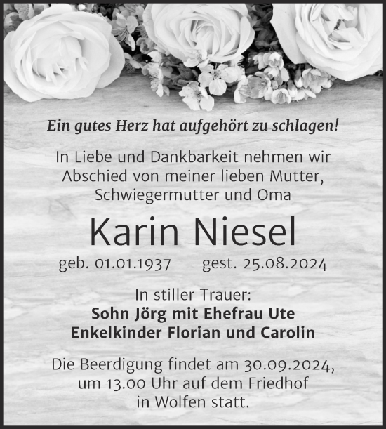 Traueranzeige von Karin Niesel von Trauerkombi Bitterfeld