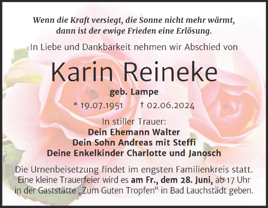 Traueranzeige von Karin Reineke von Trauerkombi Merseburg