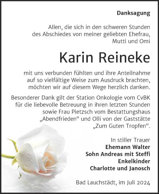 Traueranzeige von Karin Reineke von Trauerkombi Merseburg