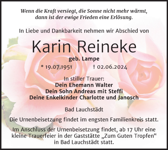 Traueranzeige von Karin Reineke von Trauerkombi Merseburg