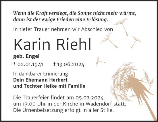 Traueranzeige von Karin Riehl von Trauerkombi Bitterfeld