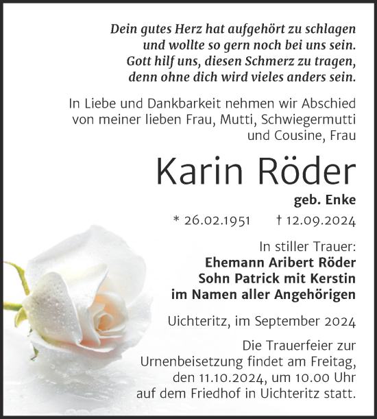 Traueranzeige von Karin Röder von Trauerkombi Weißenfels