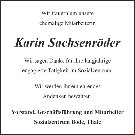 Traueranzeige von Karin Sachsenröder von Super Sonntag Quedlingburg