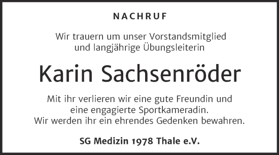 Traueranzeige von Karin Sachsenröder von Trauerkombi Quedlinburg