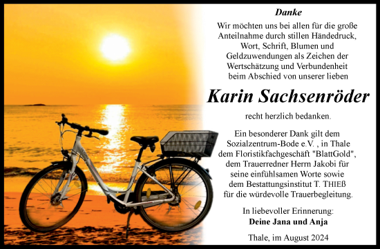 Traueranzeige von Karin Sachsenröder von Trauerkombi Quedlinburg