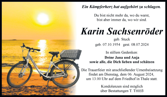 Traueranzeige von Karin Sachsenröder von Trauerkombi Quedlinburg