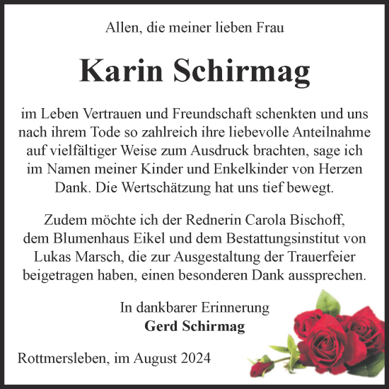 Traueranzeige von Karin Schirmag von Volksstimme Haldensleben/Wolmirstedt