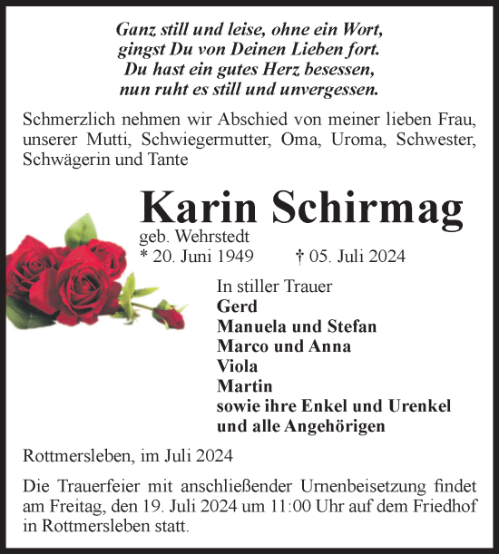 Traueranzeige von Karin Schirmag von Volksstimme Haldensleben/Wolmirstedt