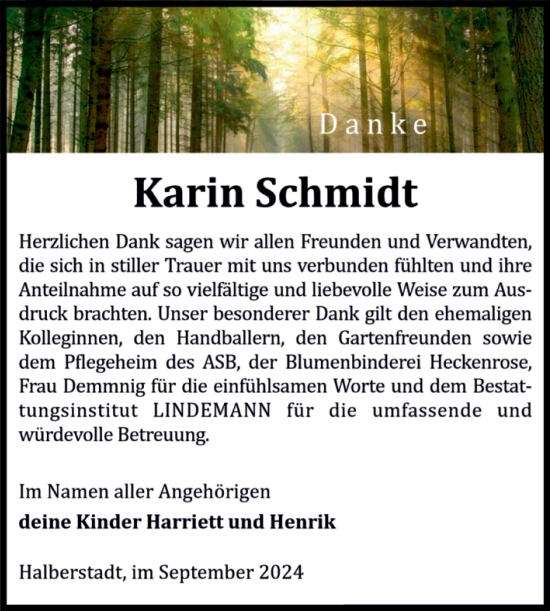 Traueranzeige von Karin Schmidt von Volksstimme Halberstadt