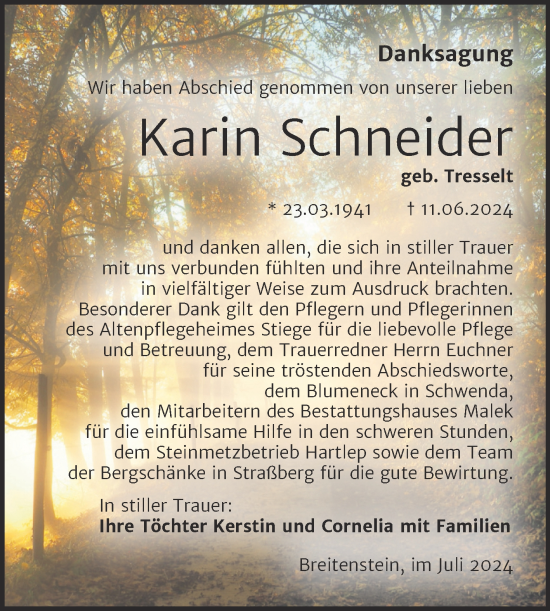 Traueranzeige von Karin Schneider von Trauerkombi Sangerhausen
