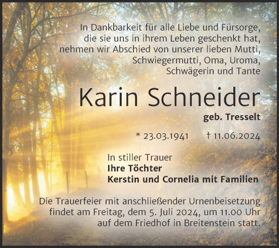 Traueranzeige von Karin Schneider von Trauerkombi Sangerhausen