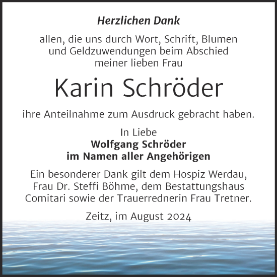 Traueranzeige von Karin Schröder von Trauerkombi Zeitz