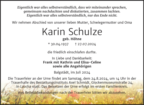 Traueranzeige von Karin Schulze von Super Sonntag Naumburg/Nebra