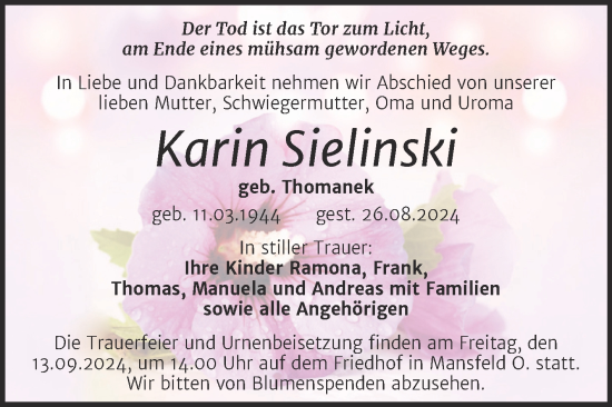 Traueranzeige von Karin Sielinski von Trauerkombi Mansfelder Land