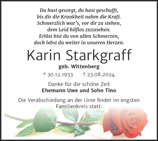 Traueranzeige von Karin Starkgraff von Trauerkombi Sangerhausen
